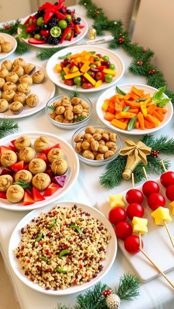 A festive table with a variety of dairy-free Christmas party foods including stuffed mushrooms, roasted vegetables, quinoa salad, and fruit skewers.